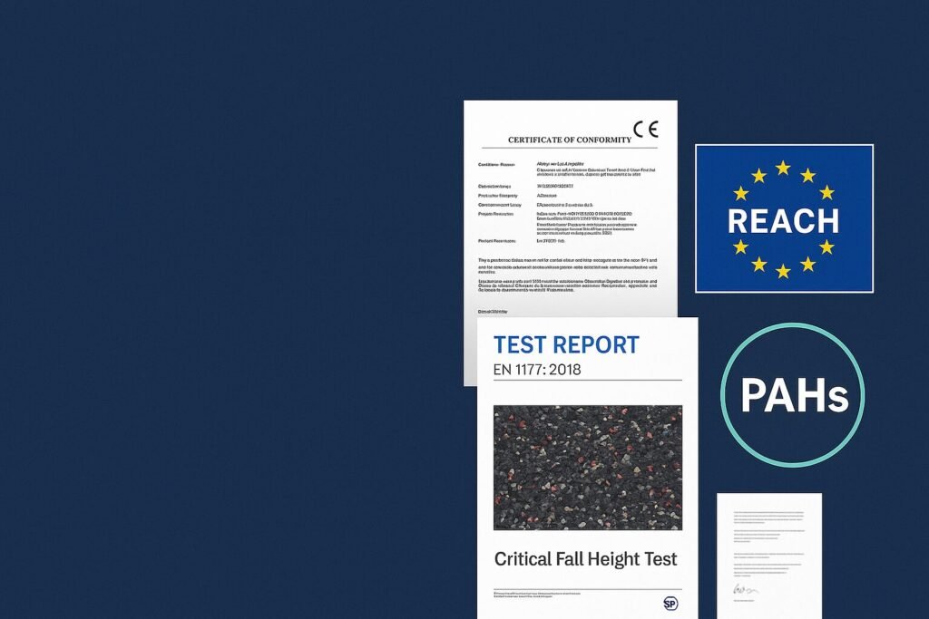 CE, REACH, PAHs, and EN1177 certification documents for gym flooring in Europe