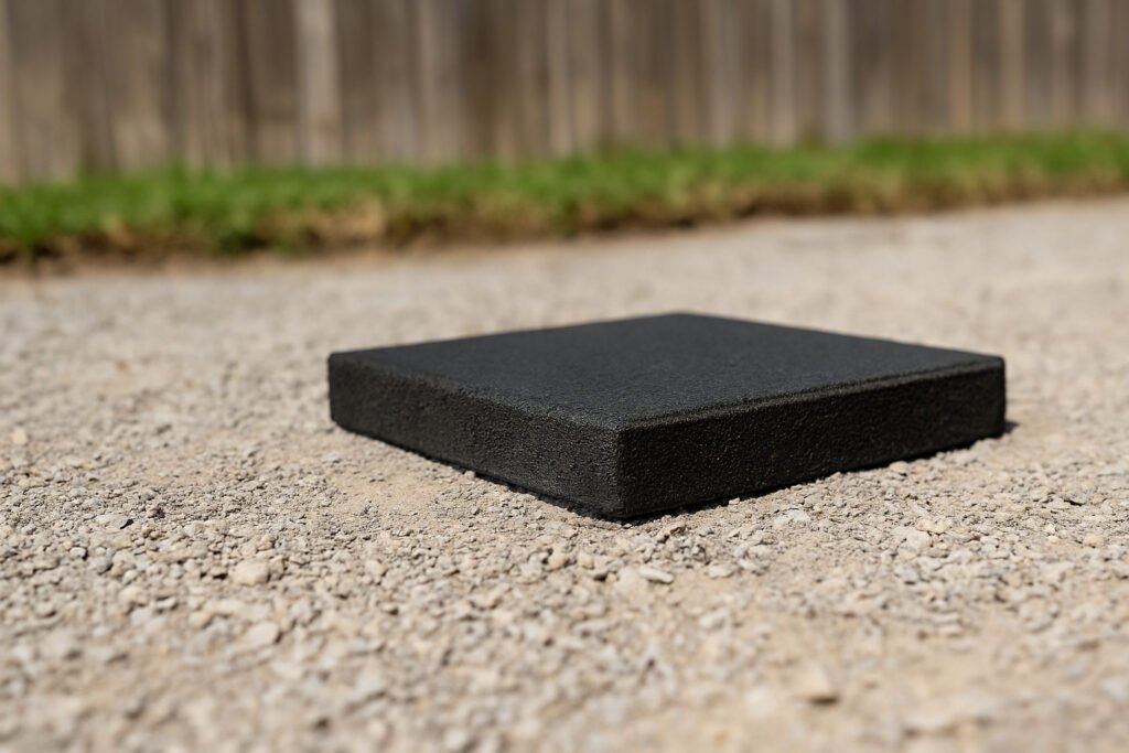 Black rubber tile resting on compacted crushed stone base outdoors