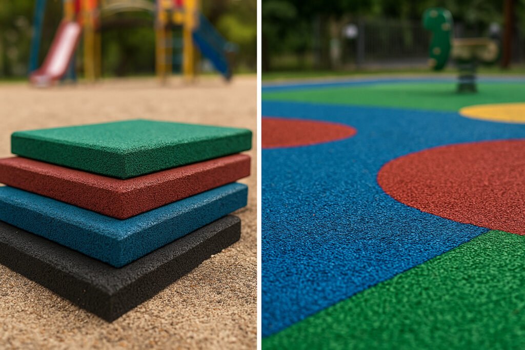 Side-by-side comparison of rubber playground tiles and EPDM granule surface