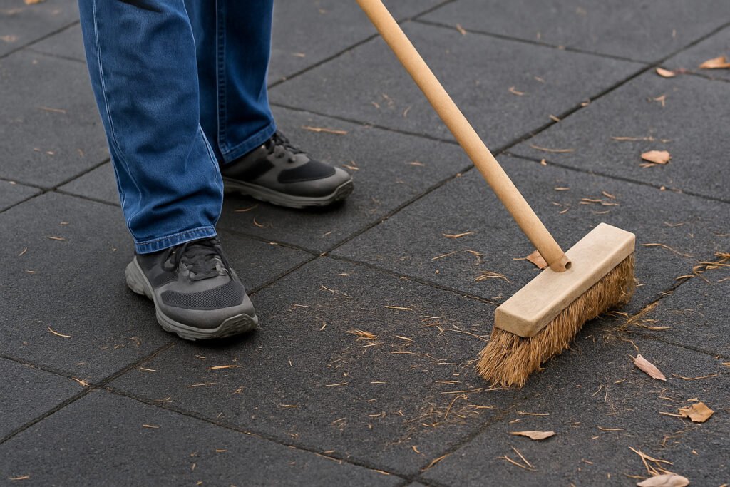 Person sweeping outdoor rubber tiles with a wooden broom