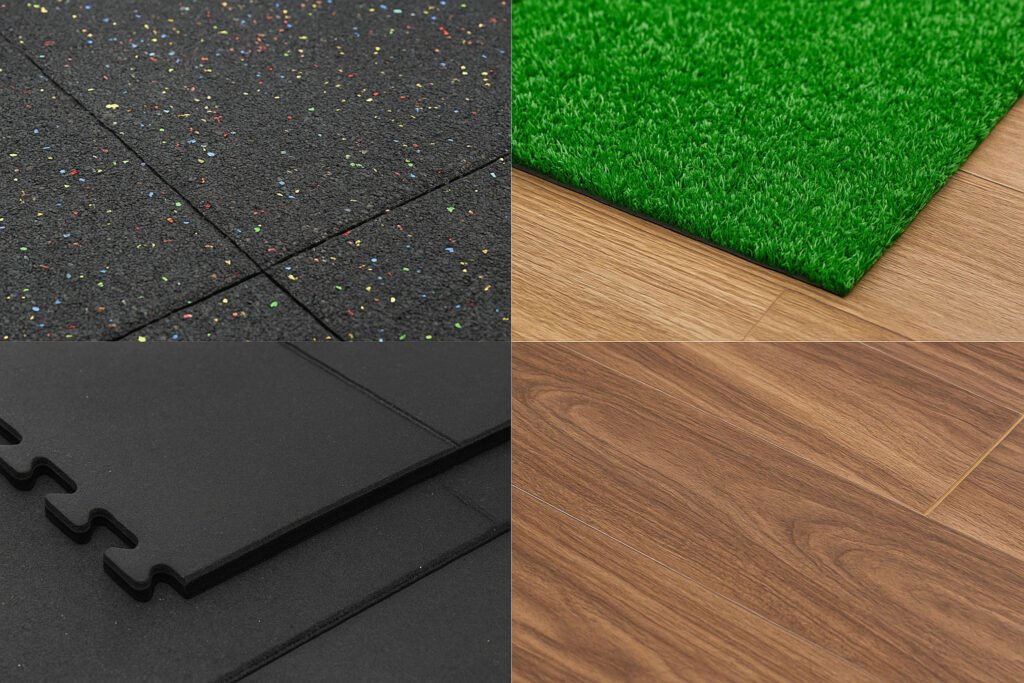 A composite image of rubber tiles, artificial turf, foam mats, and vinyl flooring used in commercial gyms