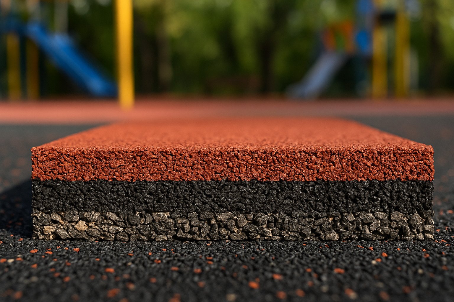 Cross-section of wet pour playground rubber with EPDM and SBR layers