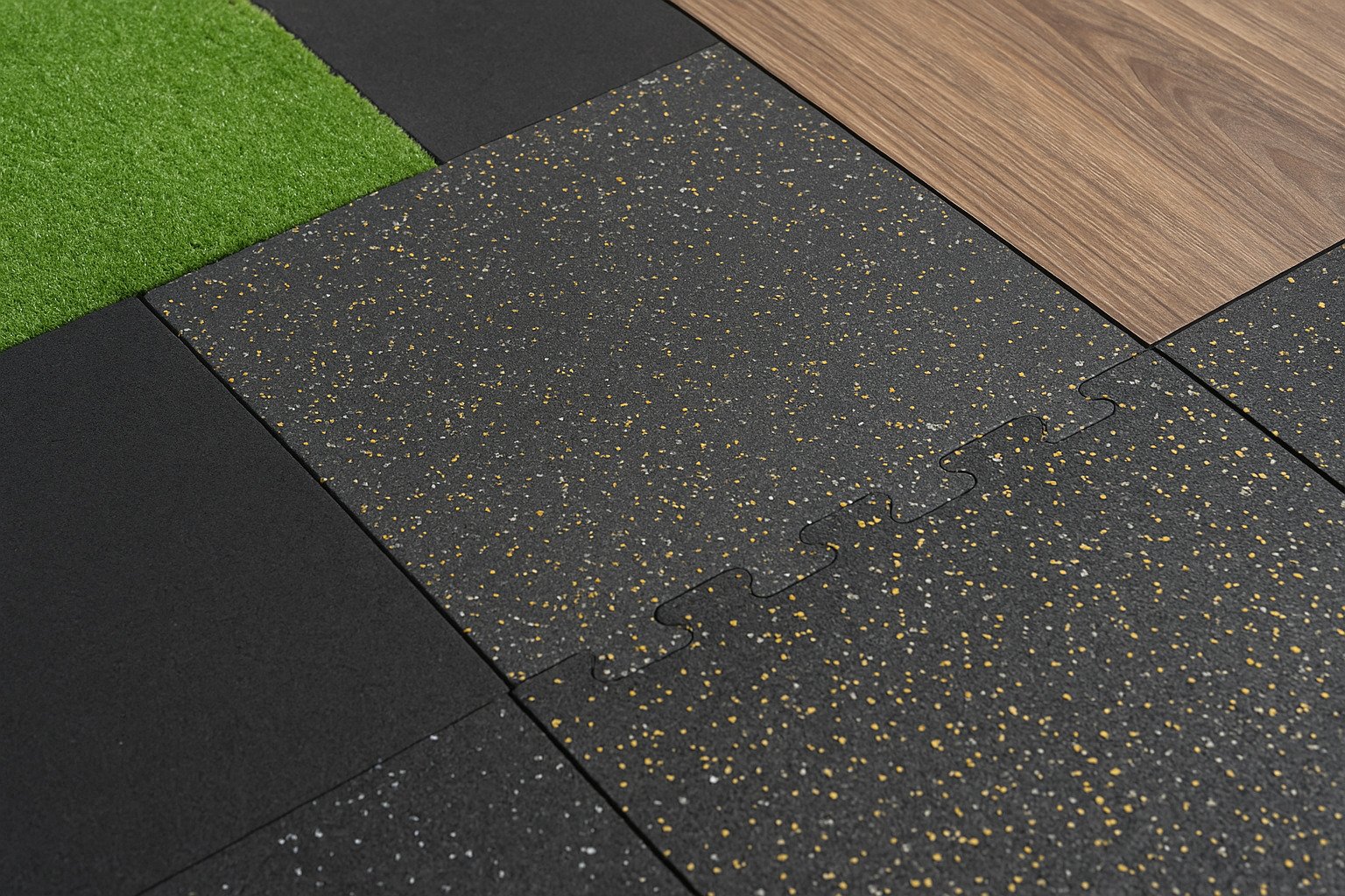 Different types of gym flooring including rubber tiles, turf, and wood-pattern vinyl