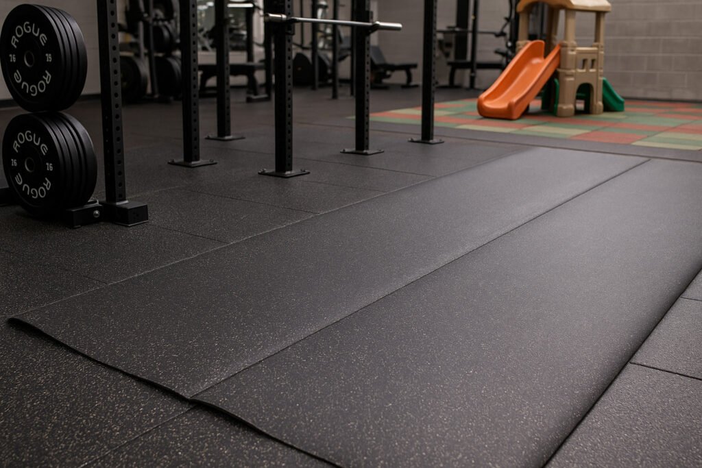 rubber flooring rolls installed in a modern gym with squat racks and weight plates