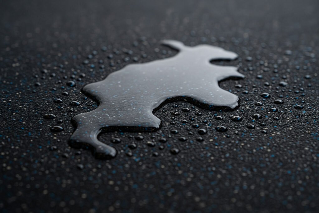 close-up of water on speckled rubber flooring surface to test slip resistance