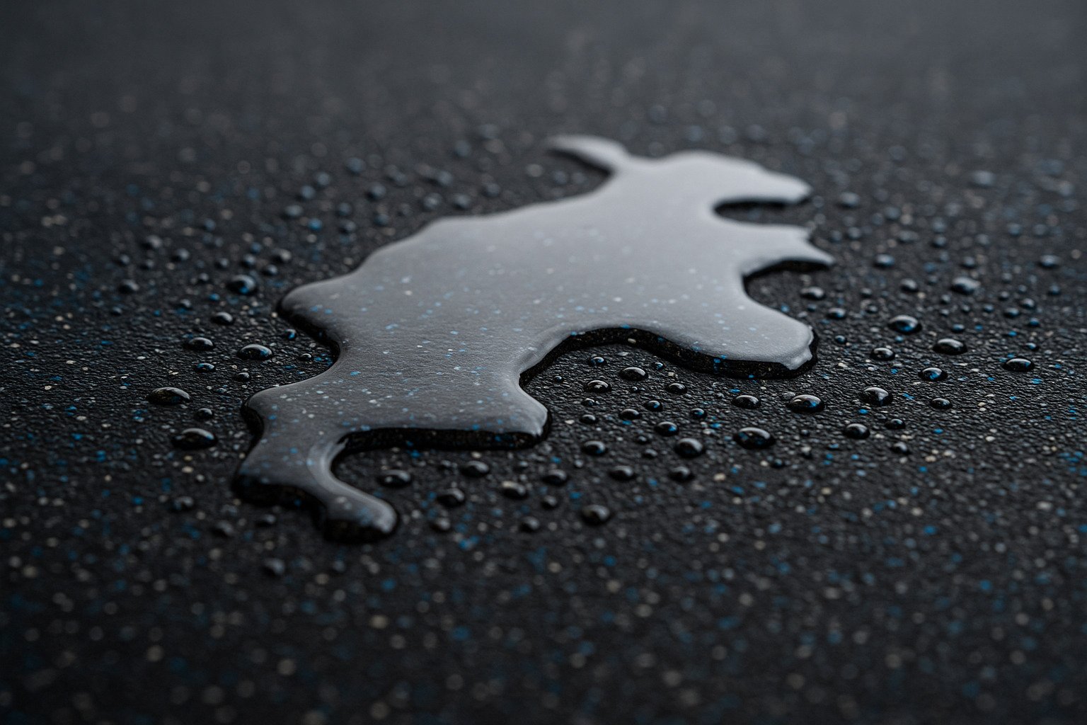 close-up of water on speckled rubber flooring surface to test slip resistance