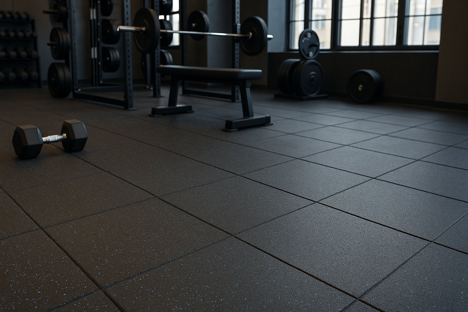 interlocking rubber gym flooring tiles with blue speckles under bench press and dumbbell