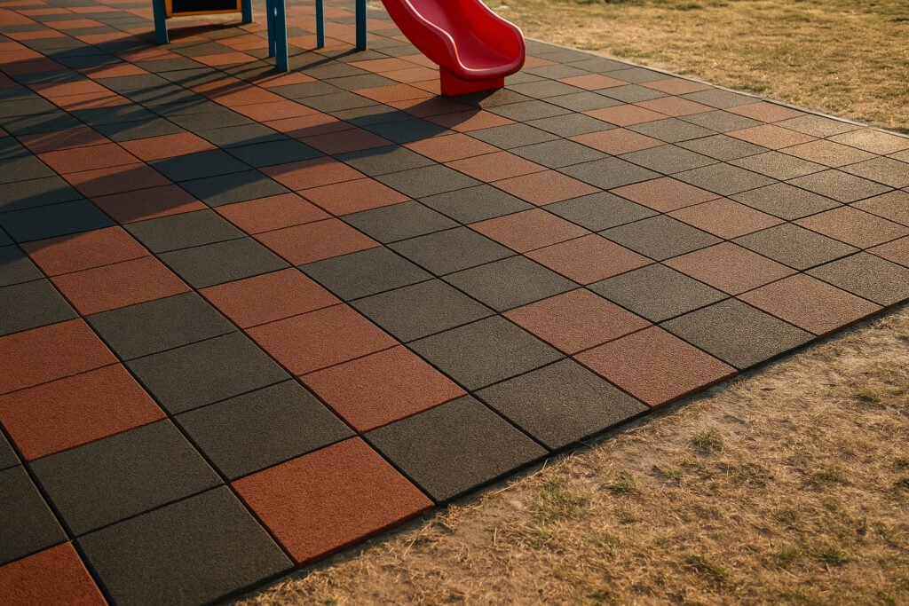 Outdoor playground with red and black interlocking rubber tiles under direct sunlight