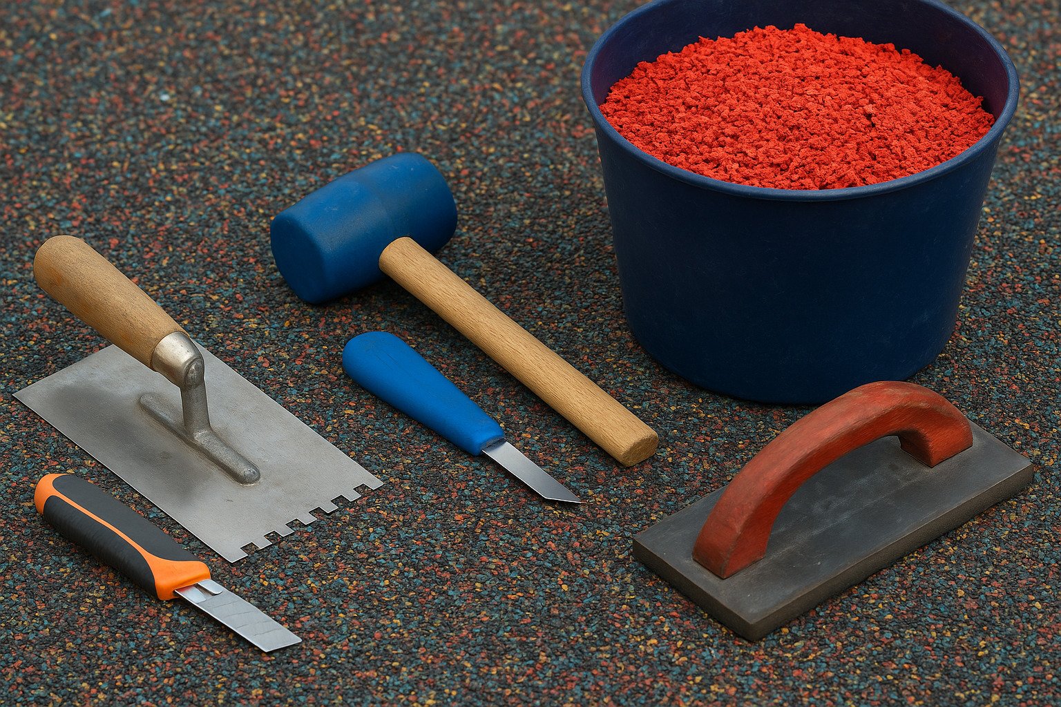 Essential tools for EPDM rubber flooring installation including trowel, roller, knife, mallet, and EPDM granules in a bucket