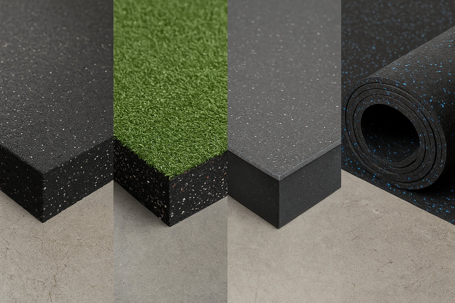 Four types of gym flooring in 2025: composite rubber roll tile, turf-rubber composite tile, PVC composite tile, and rubber roll flooring.