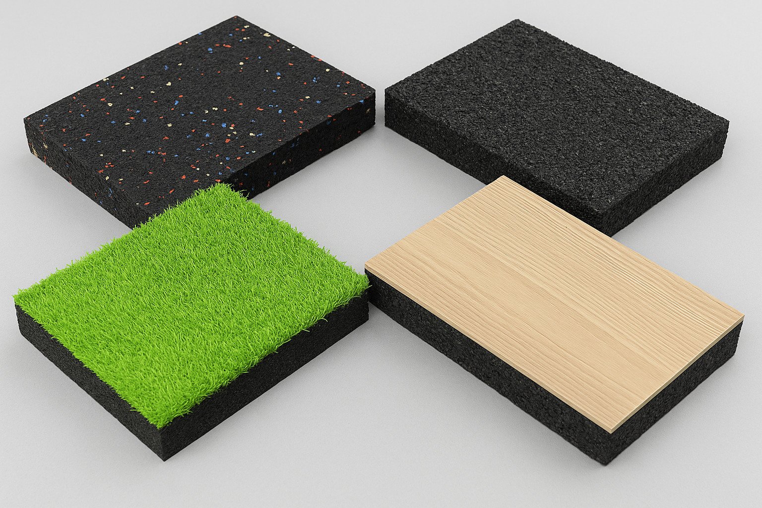 four types of gym rubber flooring including composite, tiny granule, grass fiber, and PVC composite tiles