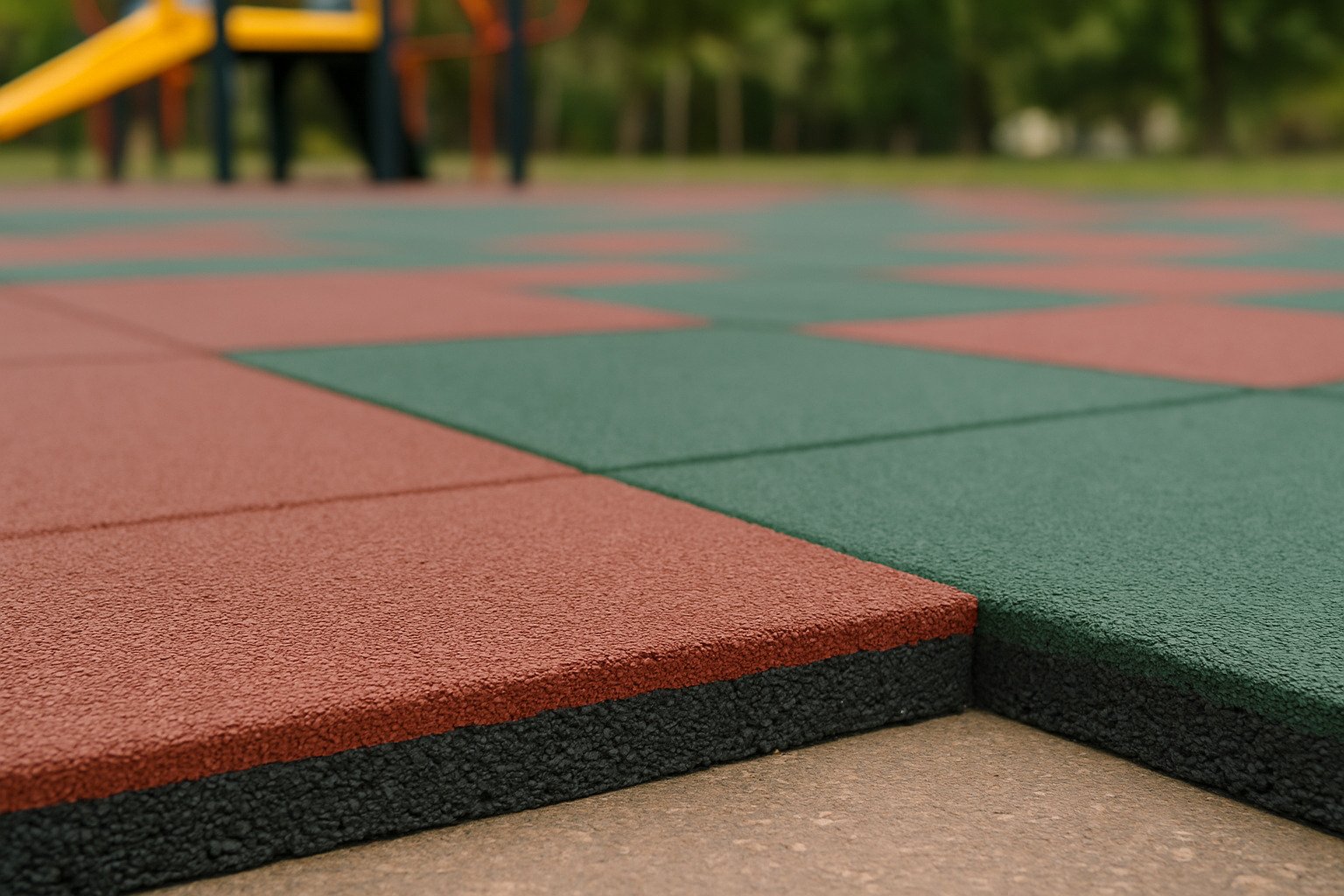 Outdoor rubber tiles in brick red and green, square design with smooth edges, installed on playground floor for safety and drainage.