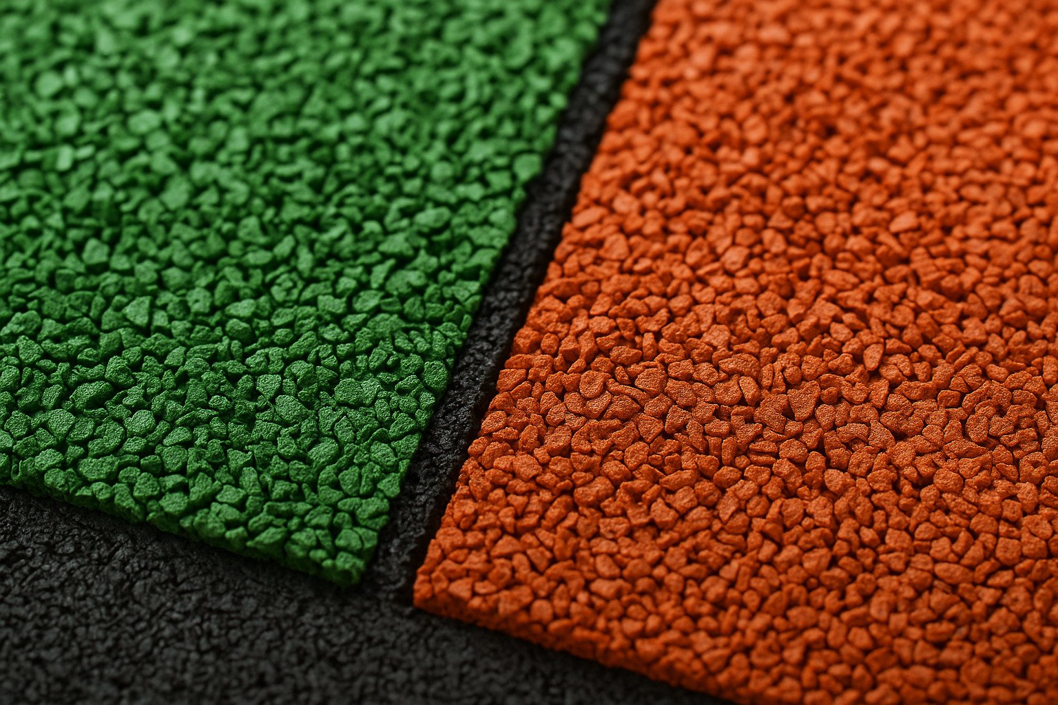 close-up of TPV and EPDM rubber granules in green and orange colors for kindergarten flooring comparison