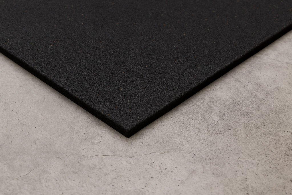 Black rubber gym flooring roll laid directly over light gray concrete base with smooth finish