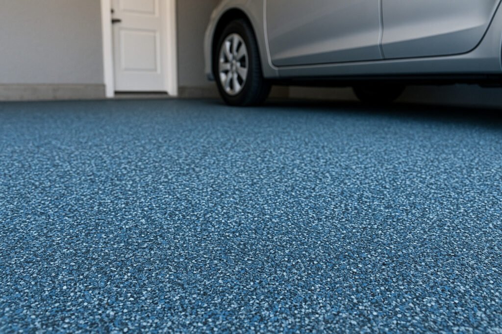 Detailed close-up of EPDM wet pour granule texture in a garage with a car parked on the blue rubber surface
