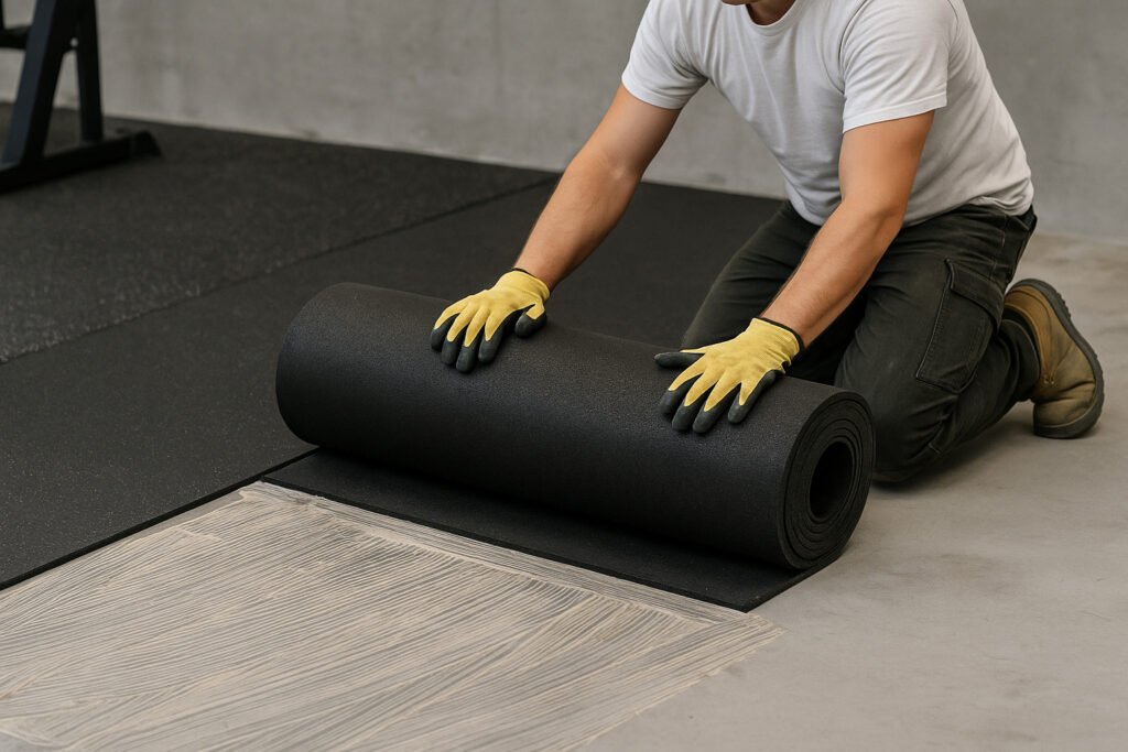 A construction worker laying rubber roll flooring in a gym, pressing black rubber with glue on a concrete subfloor