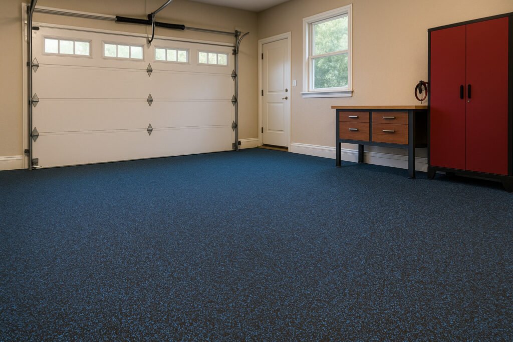 Rubber EPDM wet pour flooring installed in a modern home garage, showing a smooth non-slip blue surface with cabinets and a garage door.