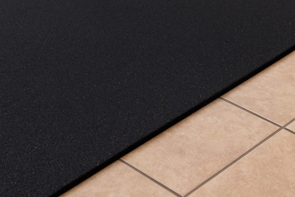 Close-up view of rubber flooring transition between wood and rubber mat, highlighting installation contrast
