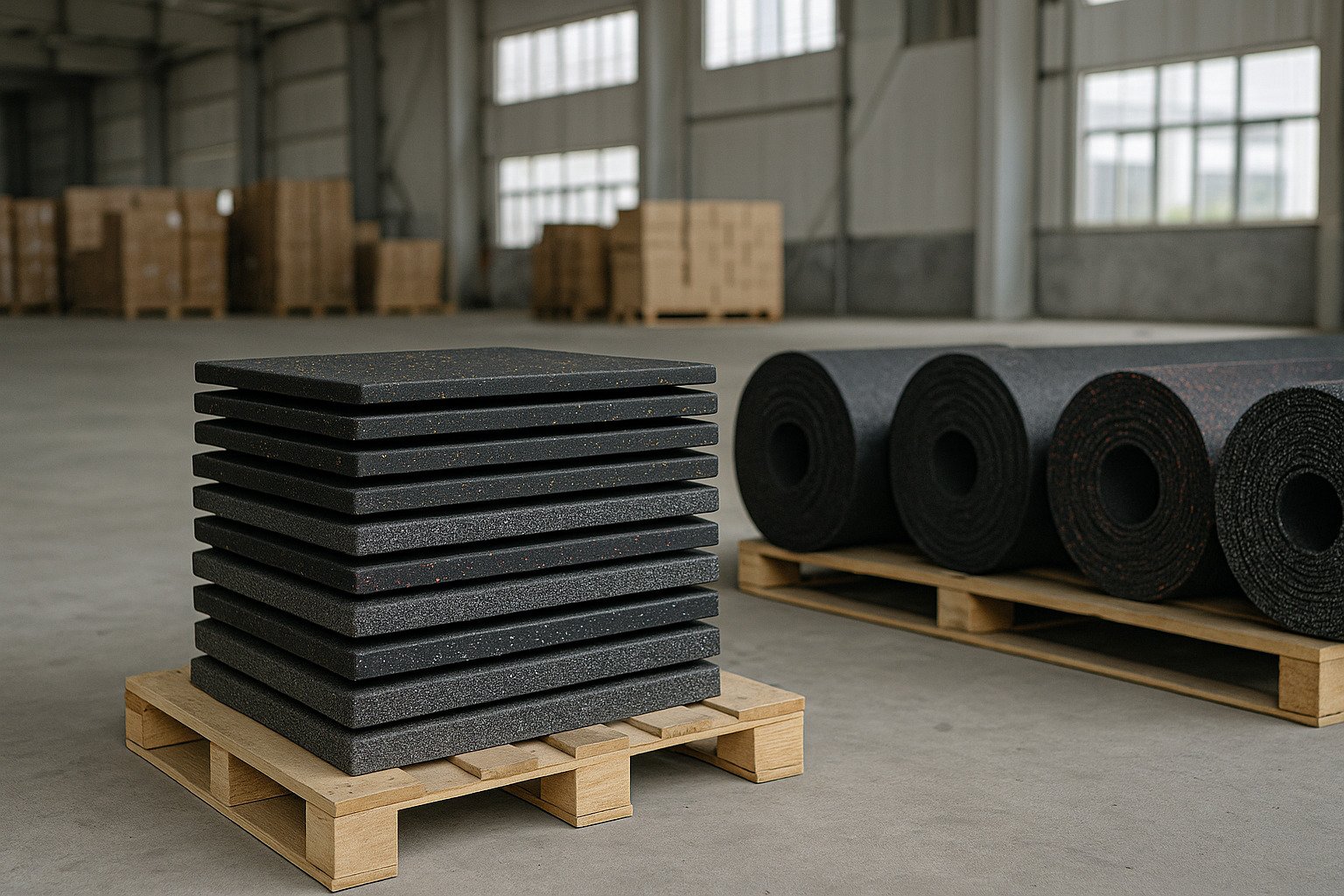 Stacked gym rubber flooring tiles and rubber rolls on wooden pallets inside a warehouse in China, showing Lanhefloor factory export scene
