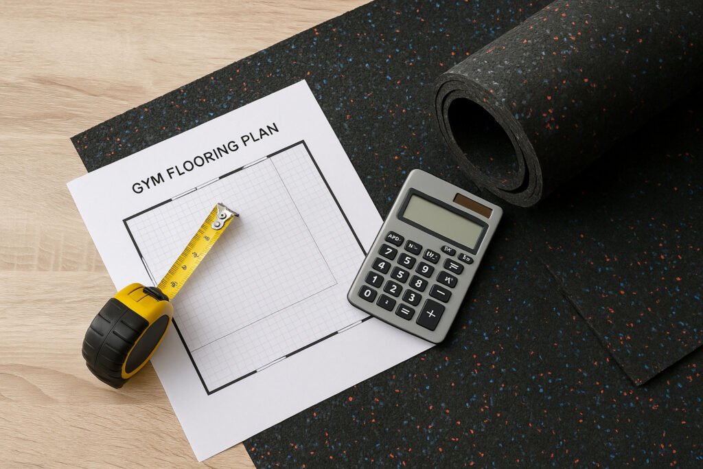 A top-down view showing tools like a tape measure and calculator placed over a black rubber roll with colorful flecks, used for gym flooring estimation.