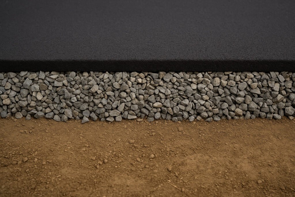 Wetpour groundwork layers showing asphalt, compacted MOT Type 1 stone, and soil base for EPDM flooring installation.