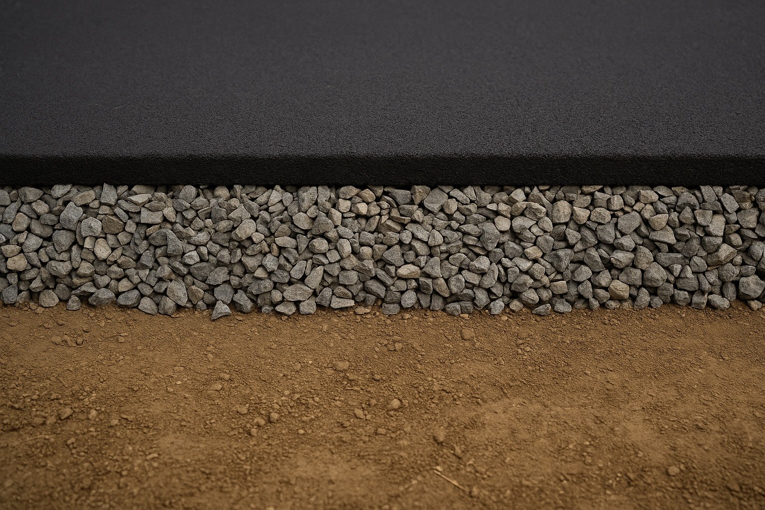 Wetpour groundwork layers showing asphalt, compacted MOT Type 1 stone, and soil base for EPDM flooring installation.
