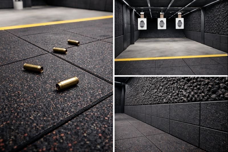 Three views of an indoor shooting range featuring durable rubber flooring: close-up of red-flecked rubber tiles with bullet casings, full range view with hanging targets, and a rubber tile wall backing the bullet trap.