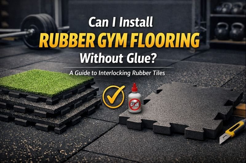 Stack of interlocking rubber tiles including grass-surface and black tiles, placed in a gym setting with a glue bottle crossed out, highlighting glue-free installation.