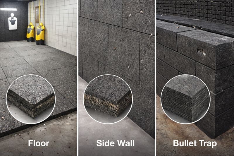 Collage showing rubber tiles used in shooting range flooring, side walls, and bullet traps, highlighting different structures for each application zone.